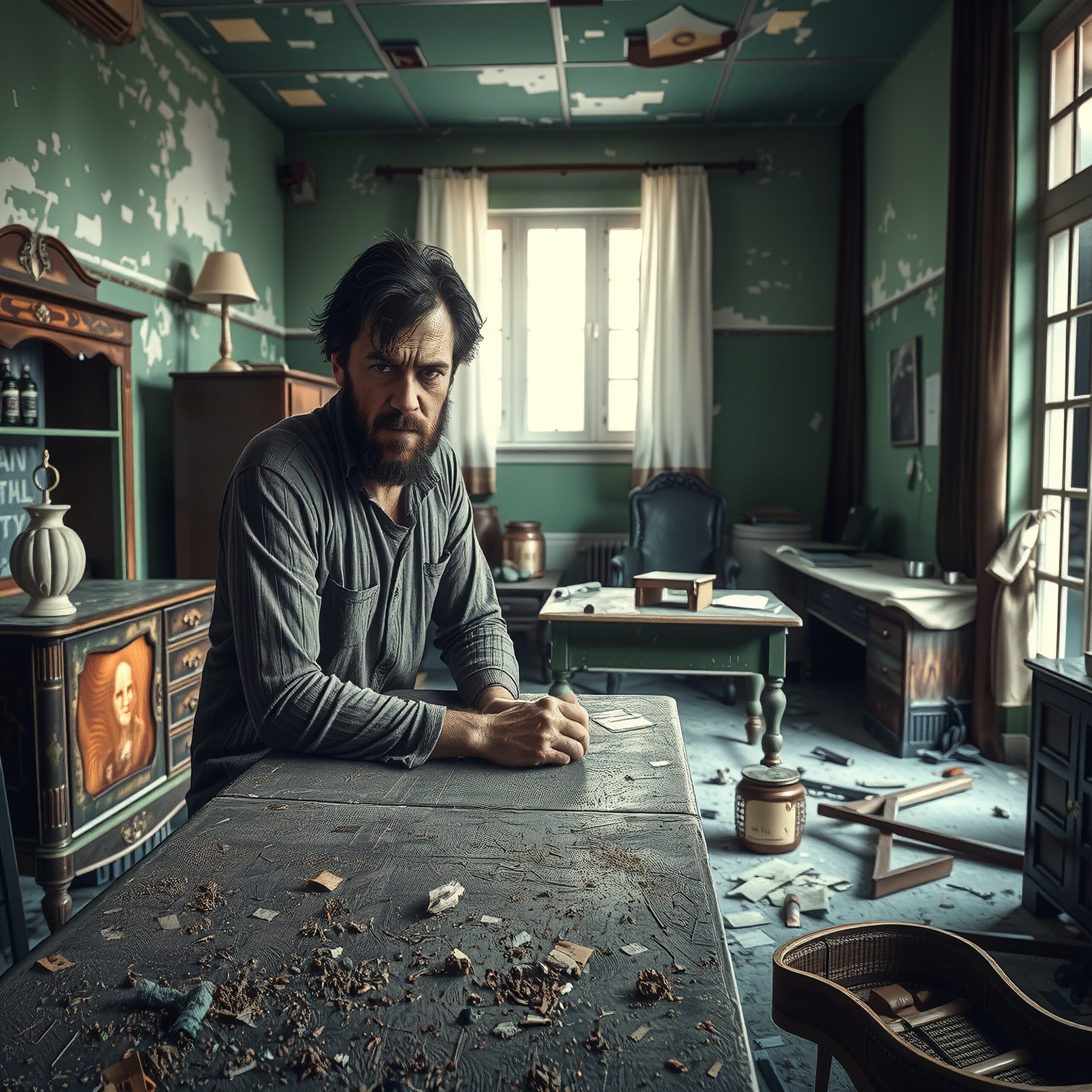 Thoughtful Man in Disheveled Room