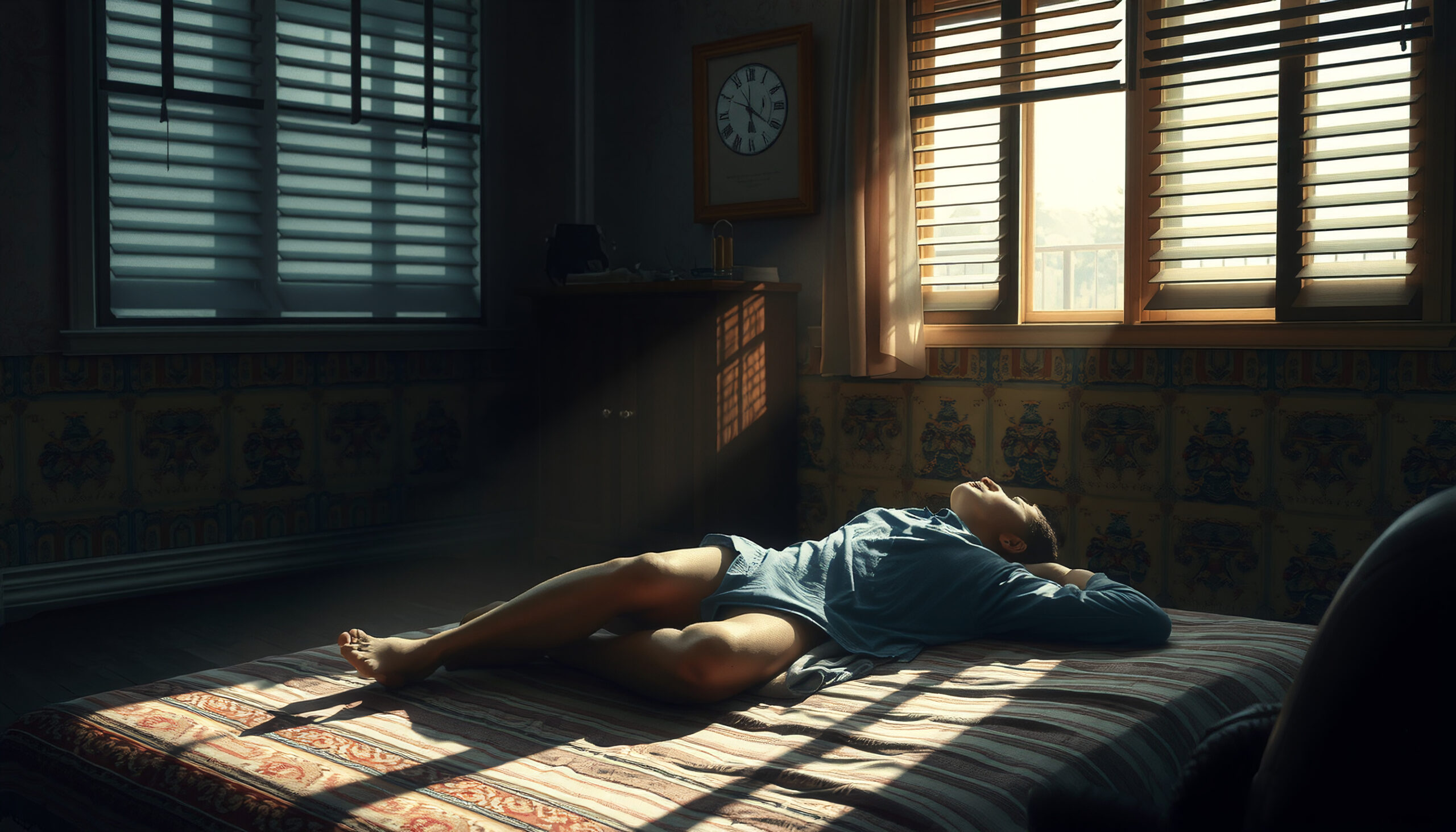 Person resting on bed by sunlit windows
