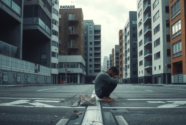 A lone man sits in desolate city street, surrounded by modern buildings, emphasizing solitude.