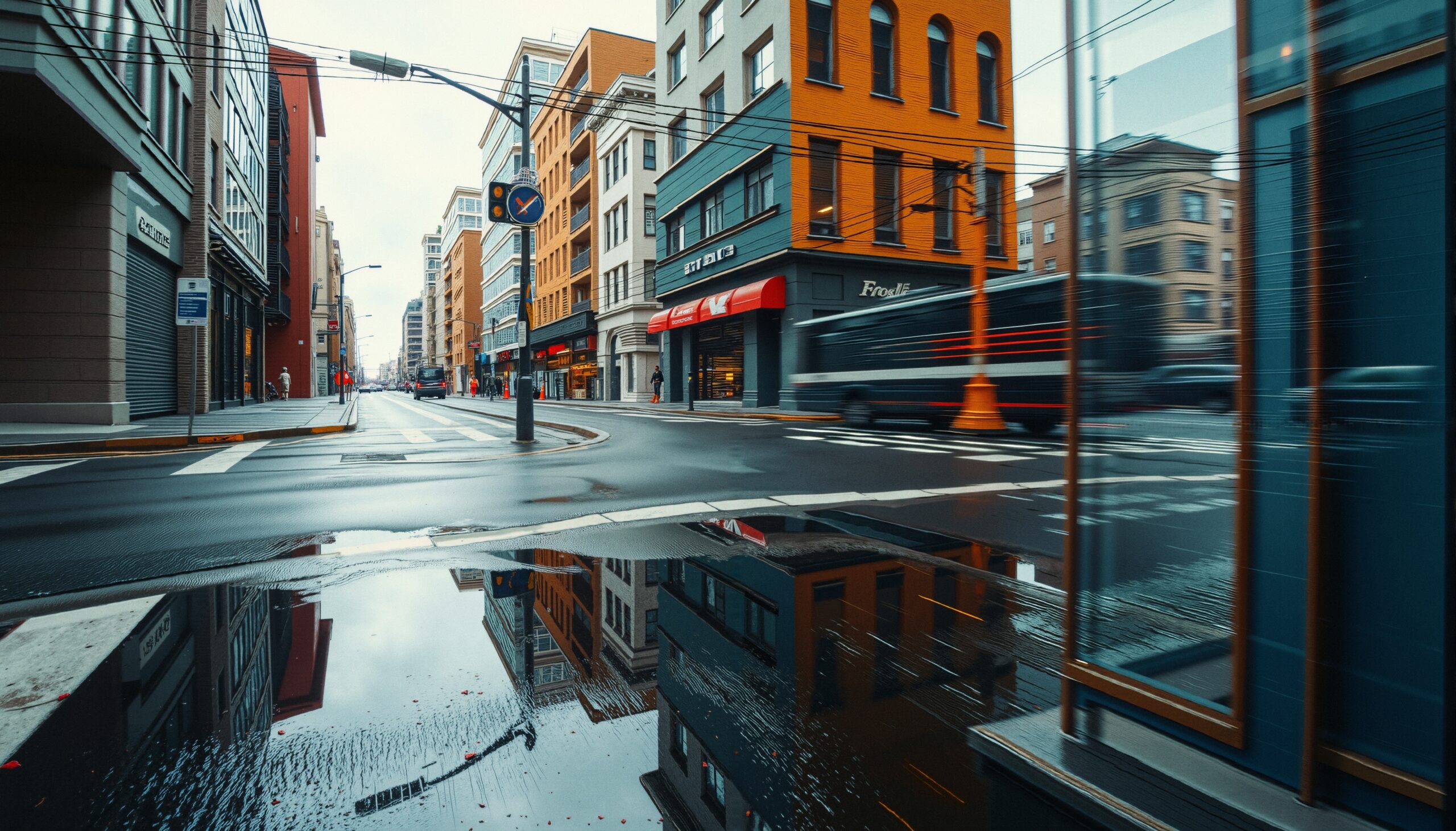 Urban Reflections on Rainy Street