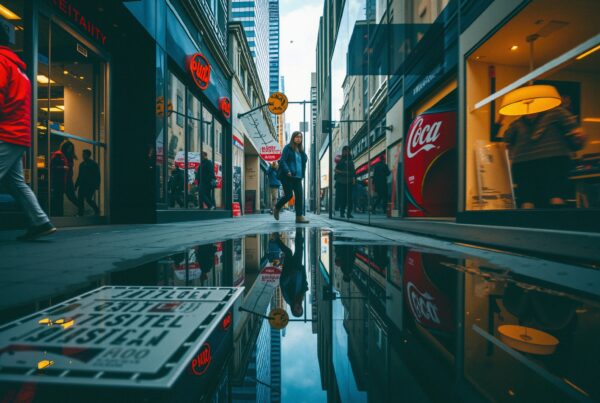 Busy city street with people, shops, and reflections in a puddle.