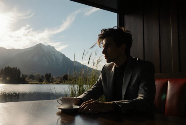 A man in a suit gazes out at a tranquil mountain lake through a large window, holding a coffee cup.