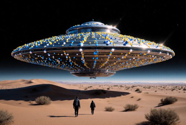 A large UFO with colorful lights hovers over a desert with two figures walking beneath.