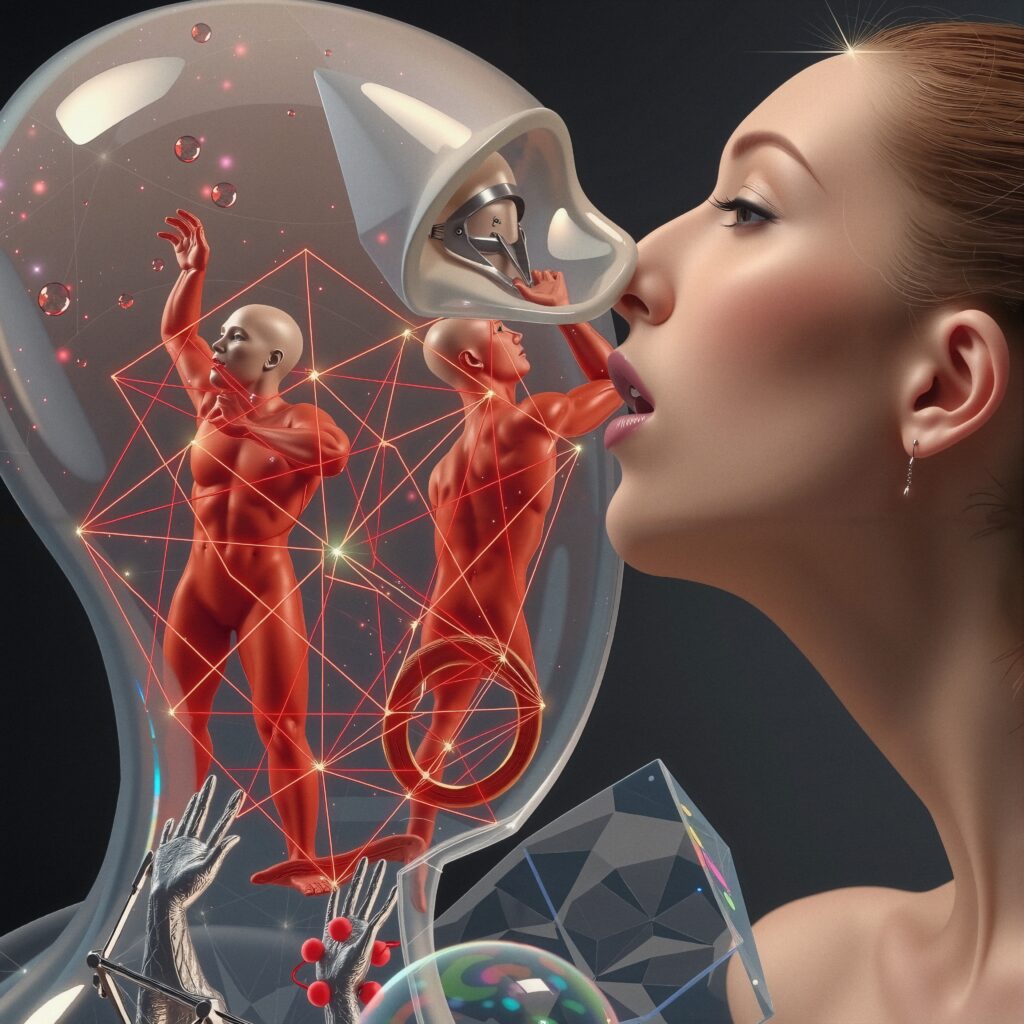 Human Connection with Futuristic Elements in a Glass Head Sculpt