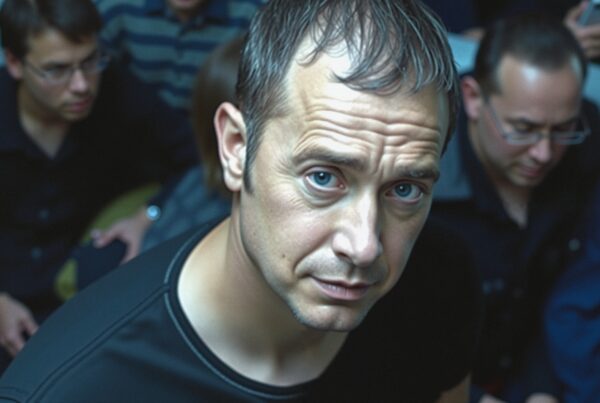 A man with blue eyes is the focal point in a group setting.