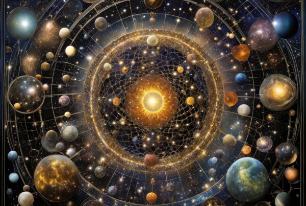 A cosmic illustration showing a sun surrounded by numerous orbiting planets and stars in a colorful, intricate design.