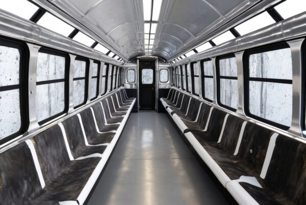 A sleek, modern train carriage interior with symmetrical seating and large windows.