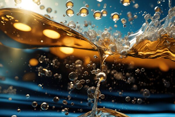Vibrant golden liquid with suspended droplets.