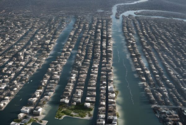 Futuristic cityscape with elongated islands and waterways.