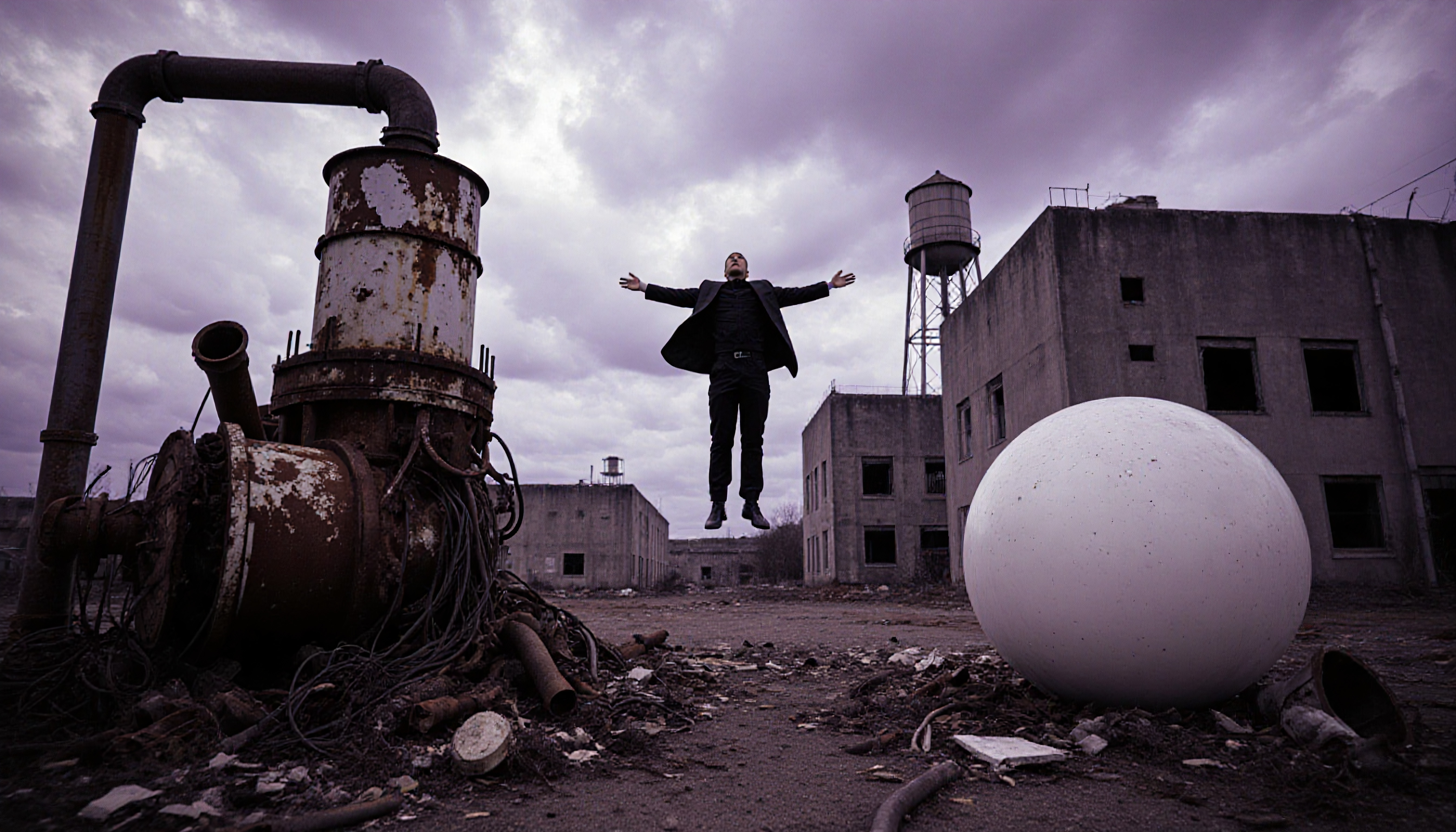 Floating Man in Industrial Zone with Sphere