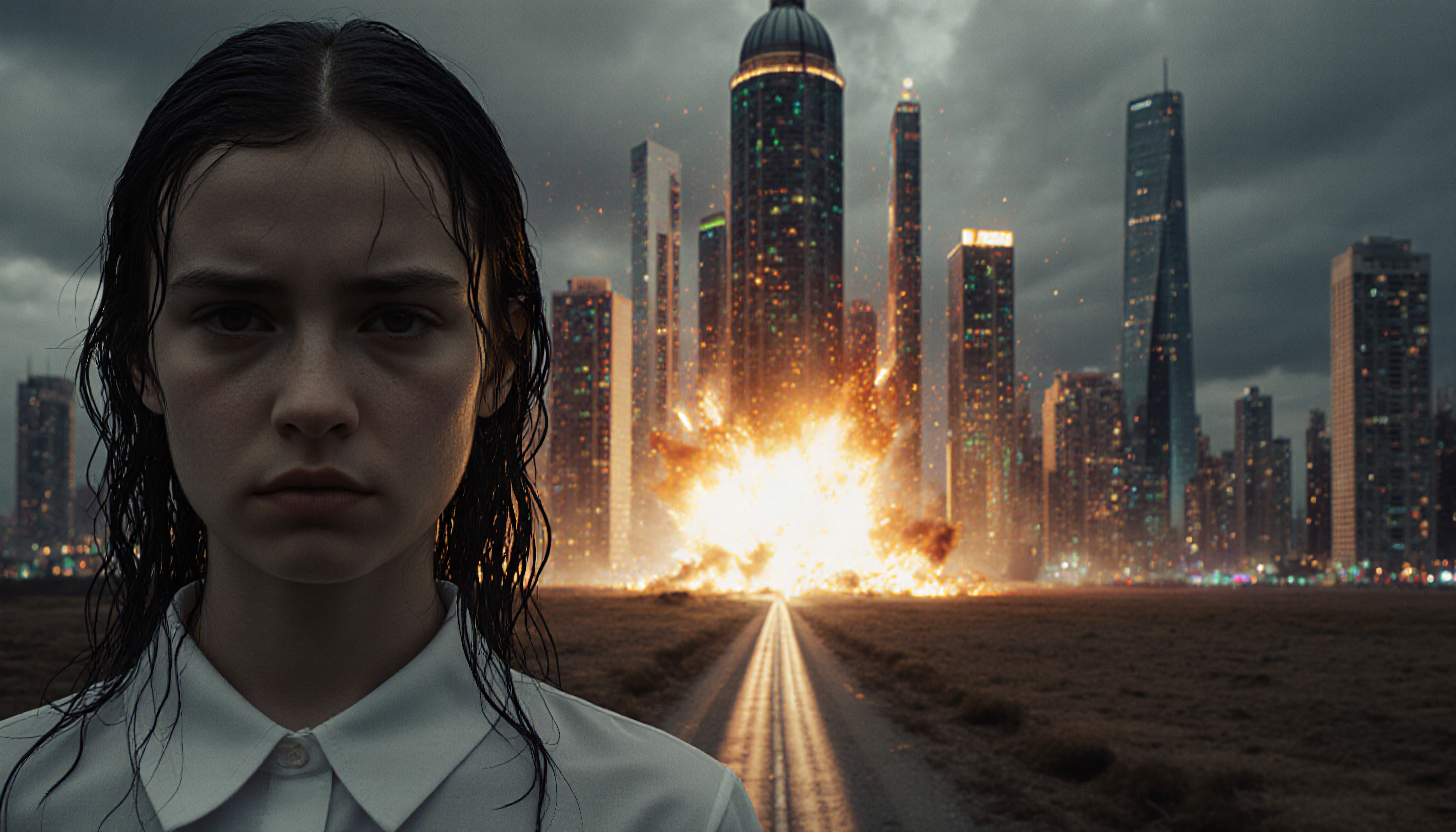 Person with Wet Hair Facing Distant City Explosion