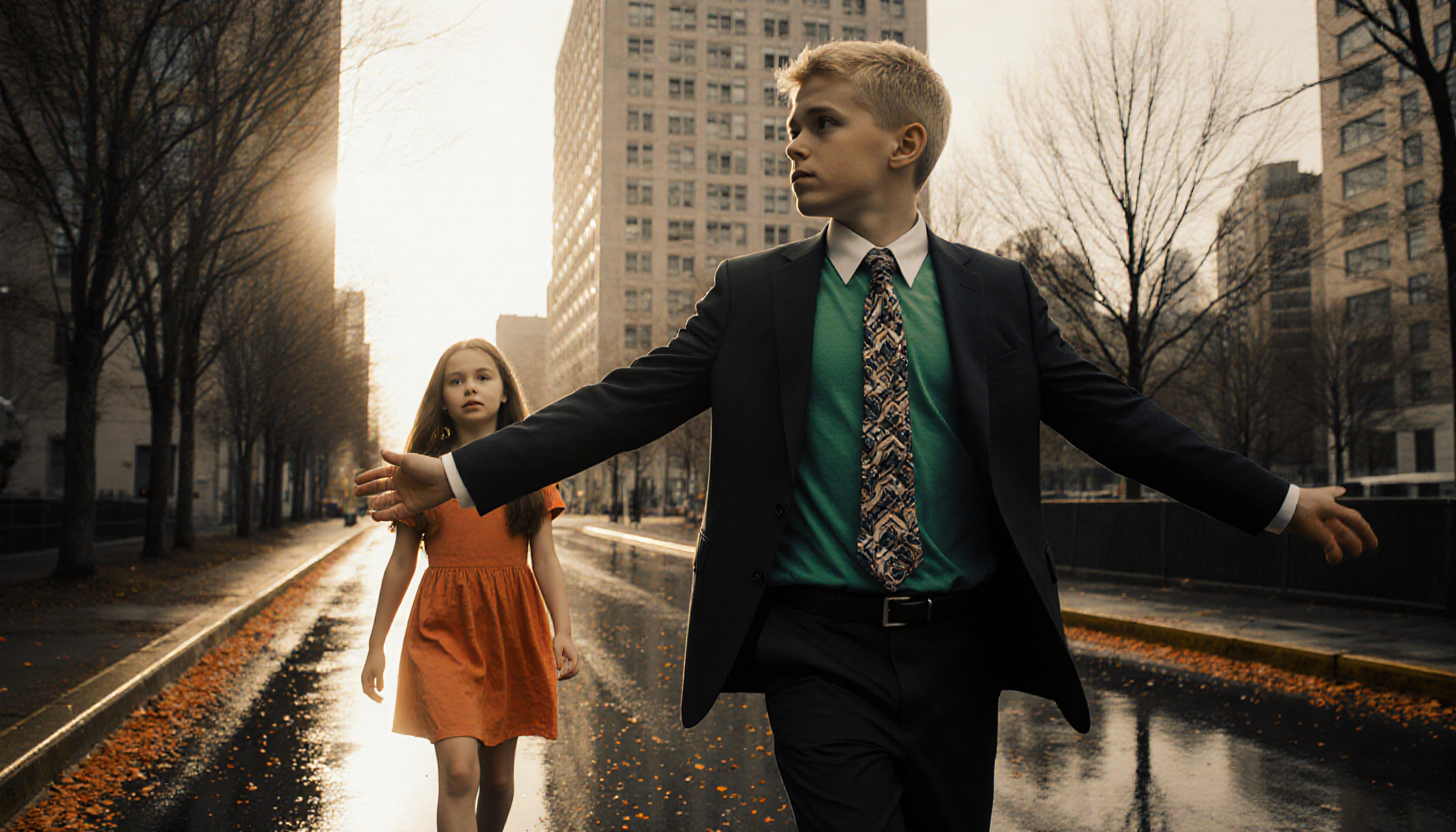 Boy in Suit and Girl in Orange Dress
