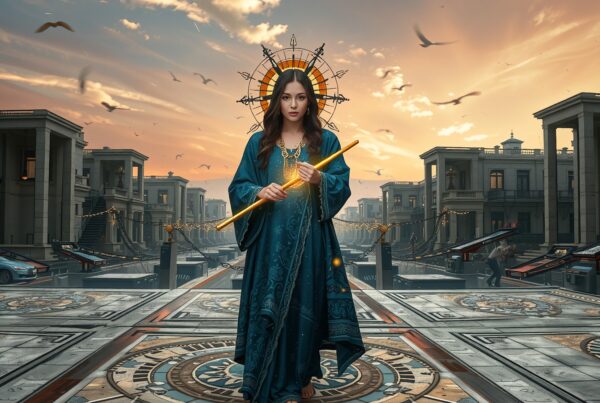 A mystical woman in teal with a glowing staff in an elegant architectural city setting under a dramatic sunset sky.