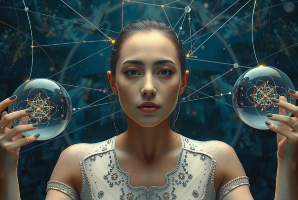 A woman holds spheres with celestial geometric designs, surrounded by a cosmic network.
