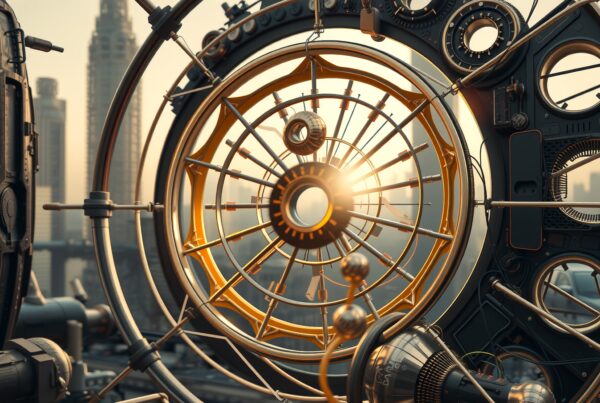 Intricate futuristic gears with urban skyline backdrop.