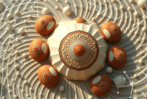 Abstract geometric art with central structure and orange spheres.