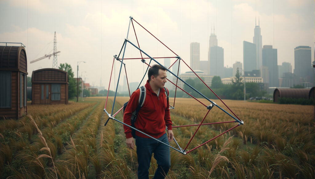 Man carrying a geometric structure across a vast wheat field wit