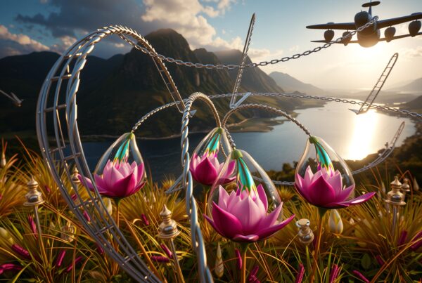 A surreal landscape with futuristic structures featuring pink lotus flowers and a golden sunset over a tranquil lake.