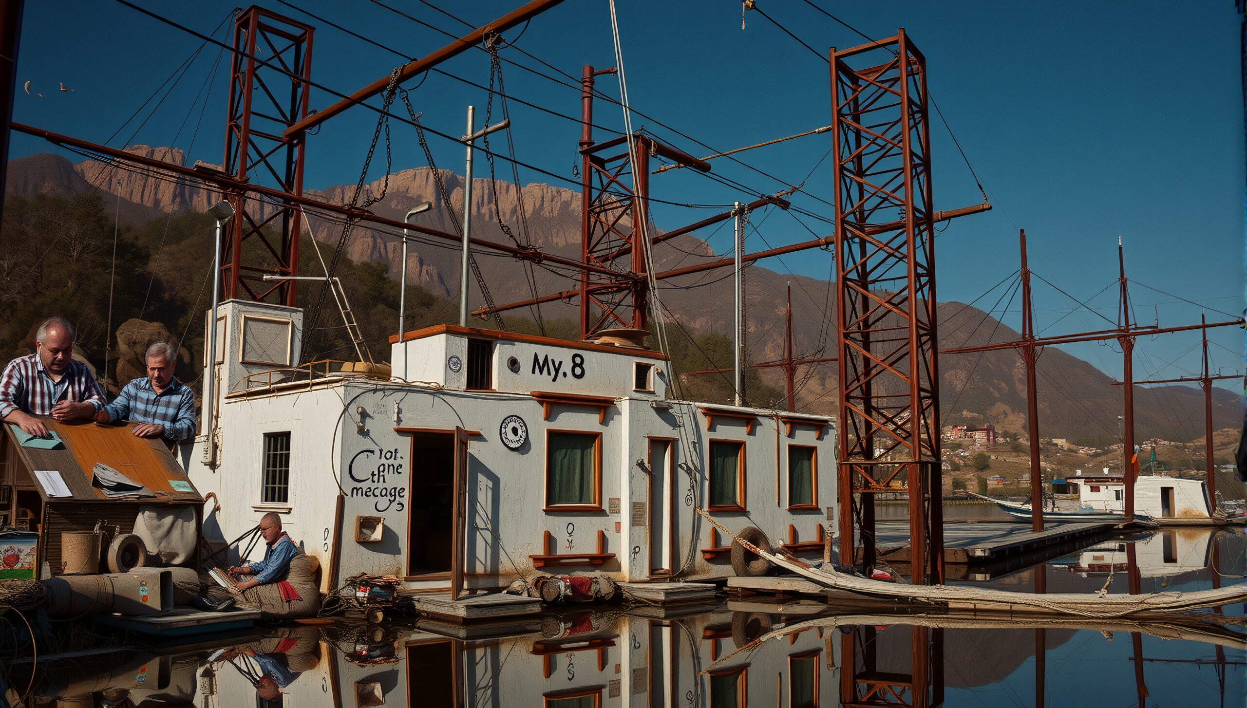 Houseboat Scene with Mountain Backdrop