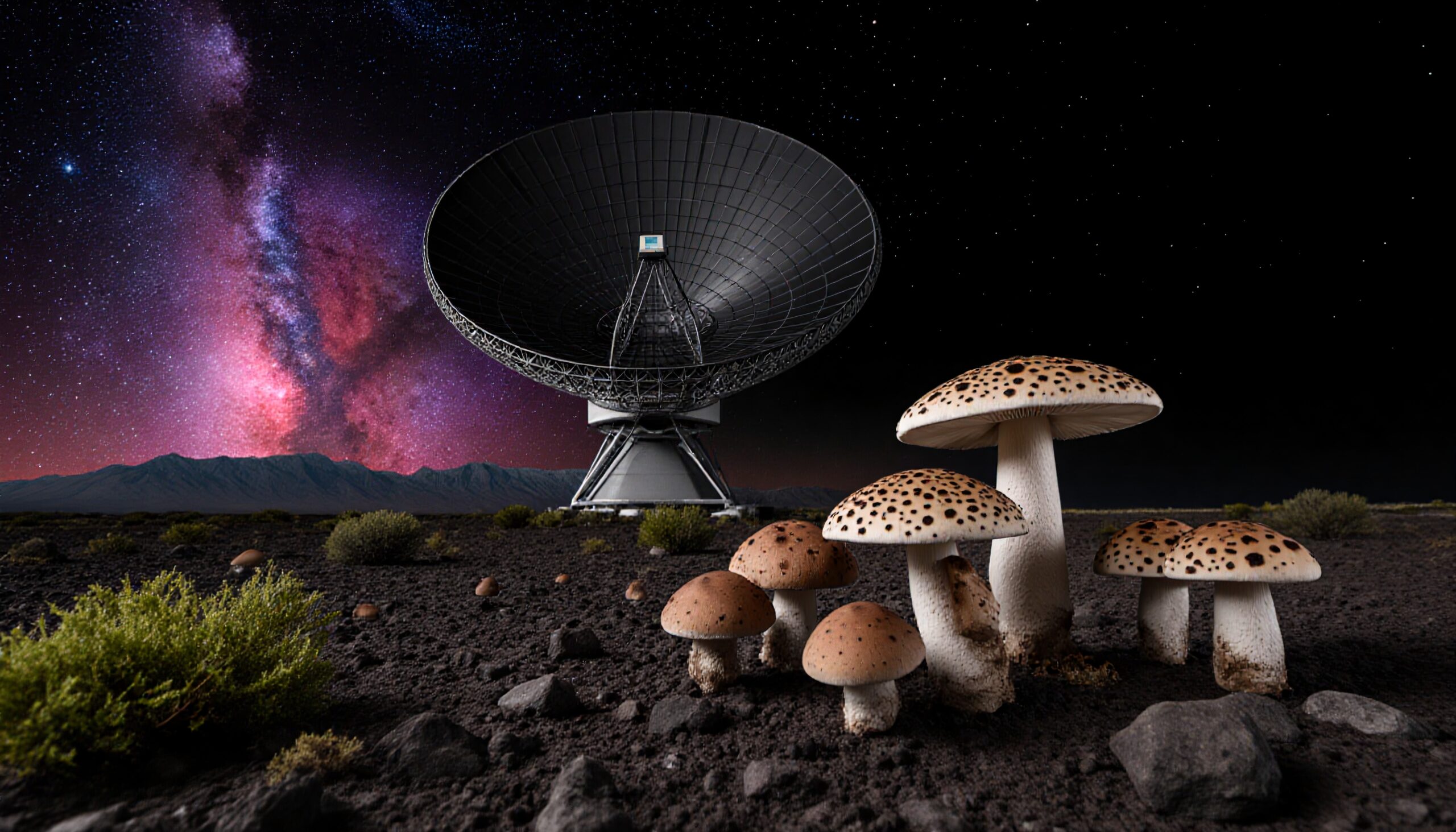 Mushrooms and Telescope Under Stars