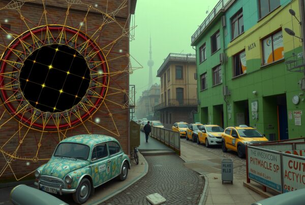 Urban street with art installation and taxis in a foggy cityscape.