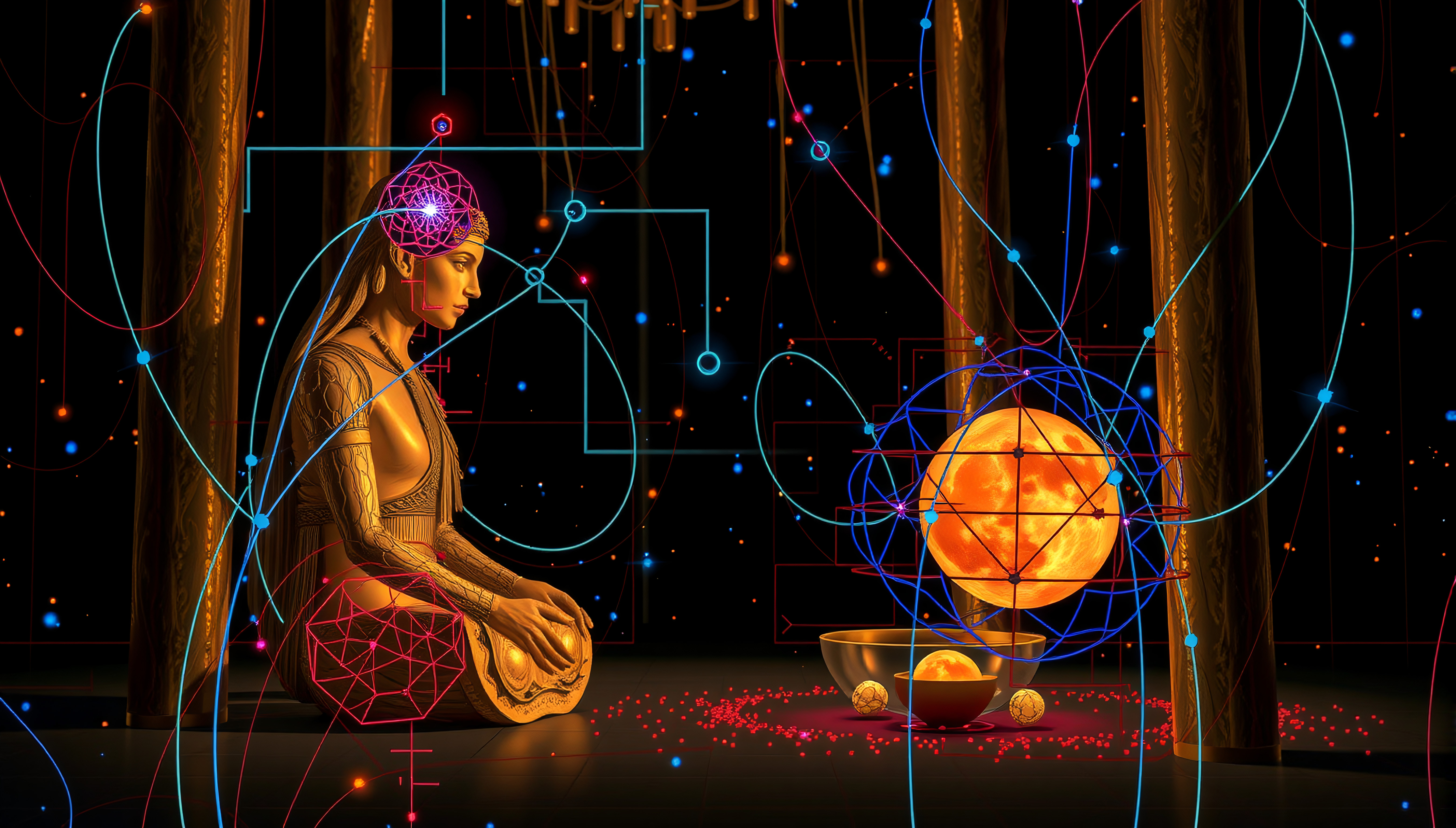 Golden Meditative Figure with Cosmic Geometry