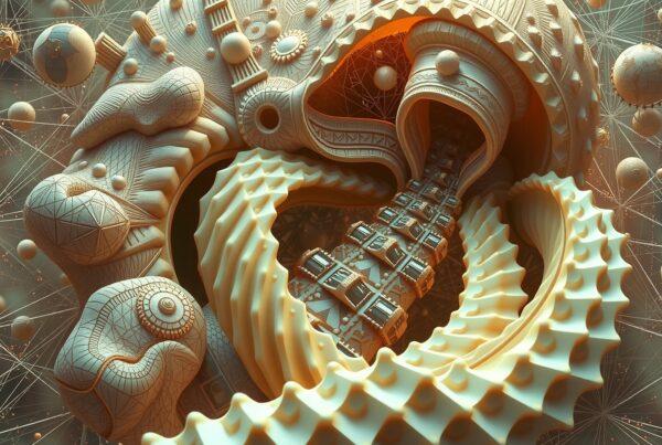 Intricate swirling structure with interconnected spherical shapes and geometric patterns, showcasing a futuristic or alien artifact.