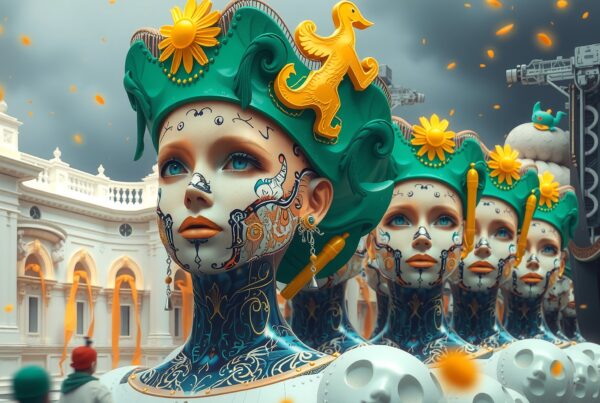 A surreal parade of futuristic humanoid figures with ornate headpieces in a blend of classical and sci-fi architecture.