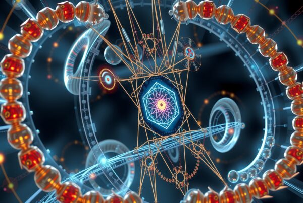 Futuristic geometric network with interconnected elements in vibrant blue and orange.