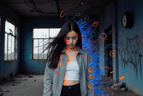 A young woman in a dilapidated room with vibrant swirling patterns, combining urban decay with artistic expression.