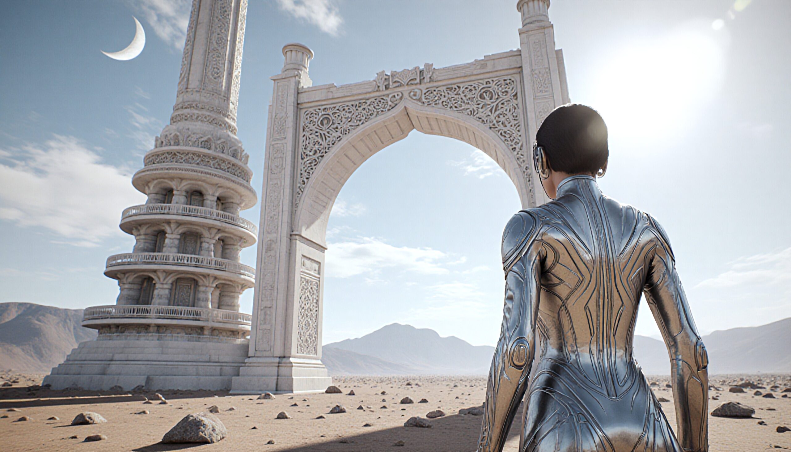 Futuristic Figure in Desert Landscape