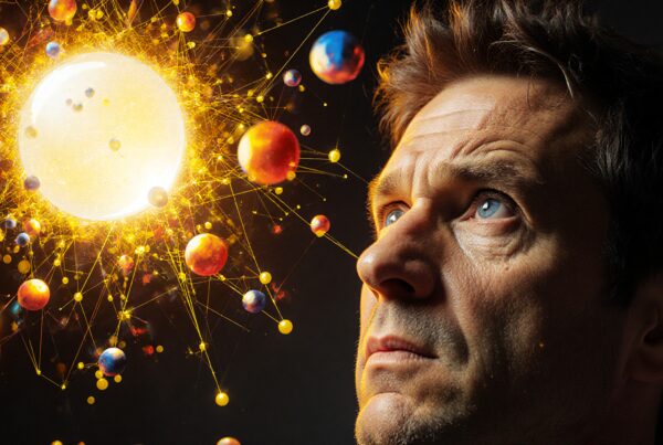 Man looking at glowing sun surrounded by colorful planets, interconnected by golden lines, pondering the universe.