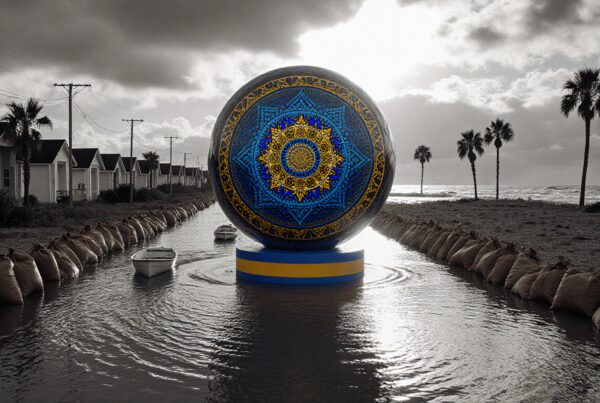 A vibrant sphere with intricate blue and gold patterns stands amidst a monochrome flooded street flanked by sandbags and palm trees.