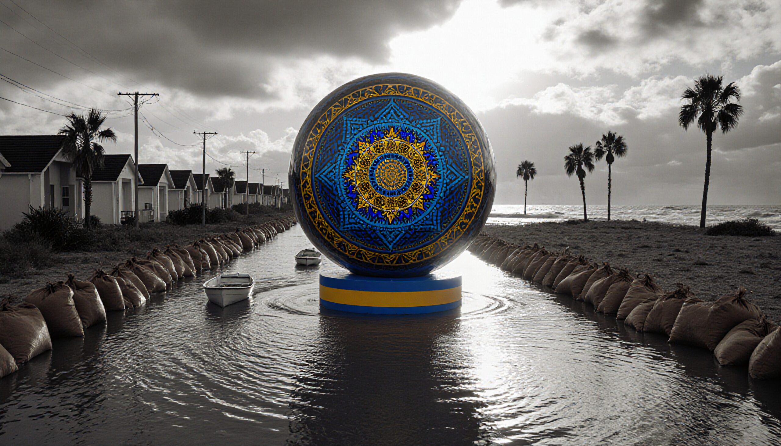 Vibrant Sphere in Monochrome Landscape