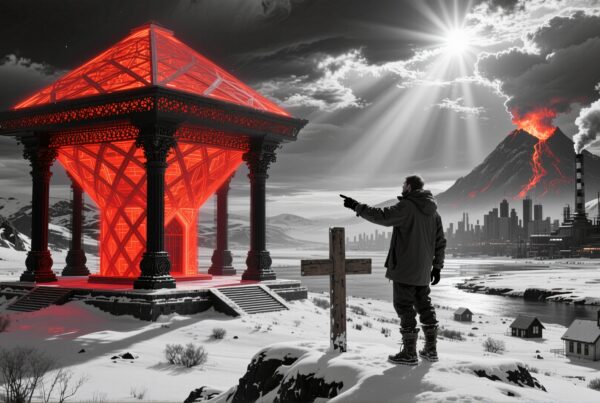 A man observes a futuristic red structure amidst snowy landscape and erupting volcano.