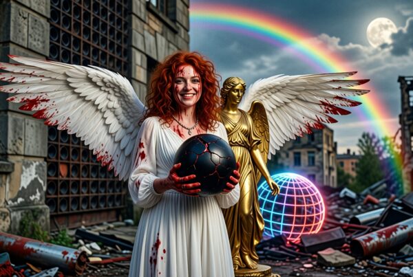 A person with wings holds a glowing orb amidst urban ruins with a rainbow.