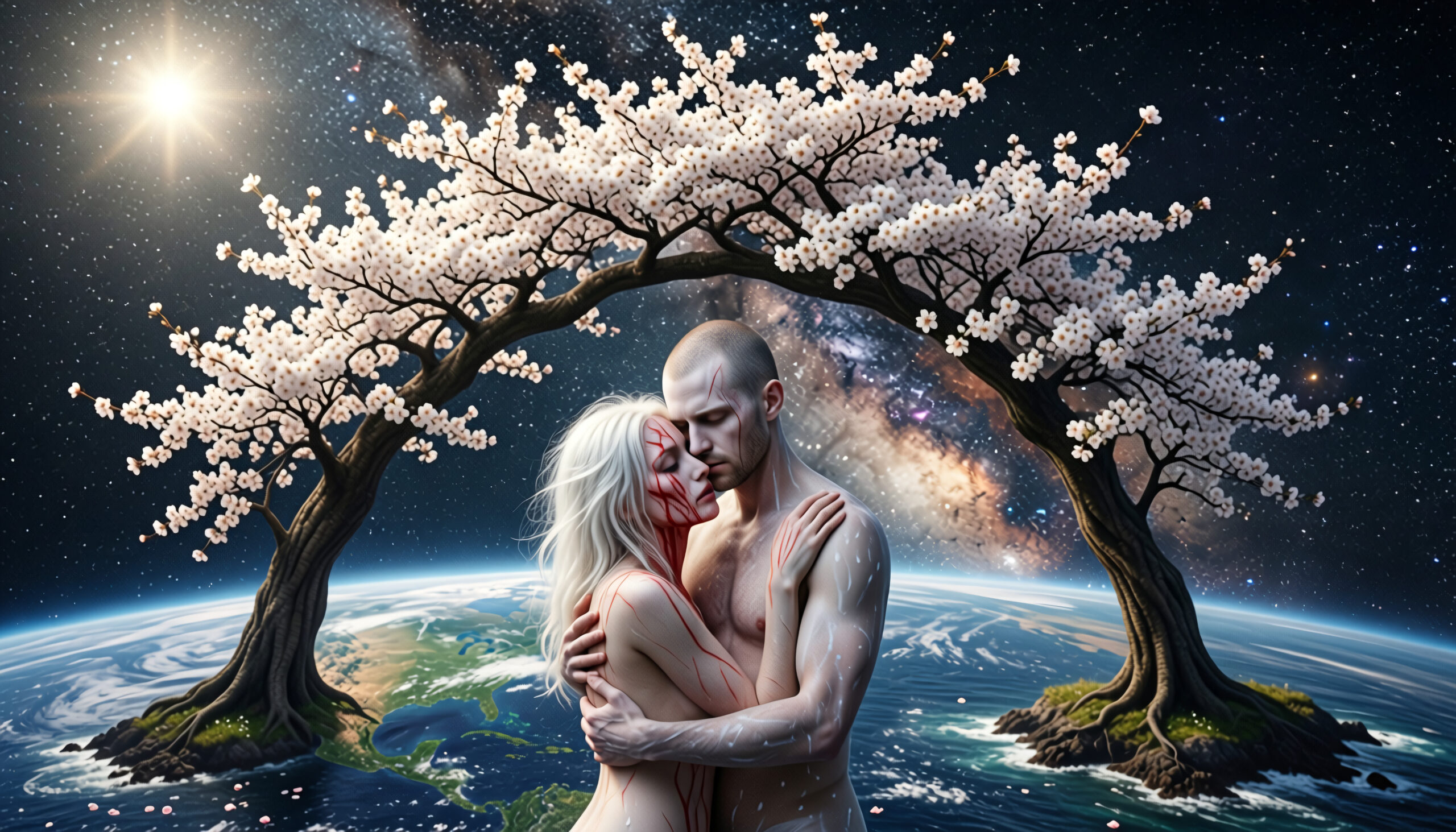 Couple embracing under cherry blossom archway