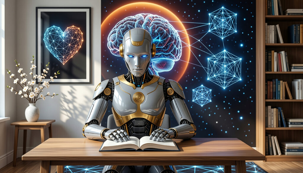 AI Robot Reading Book in Futuristic Study Room