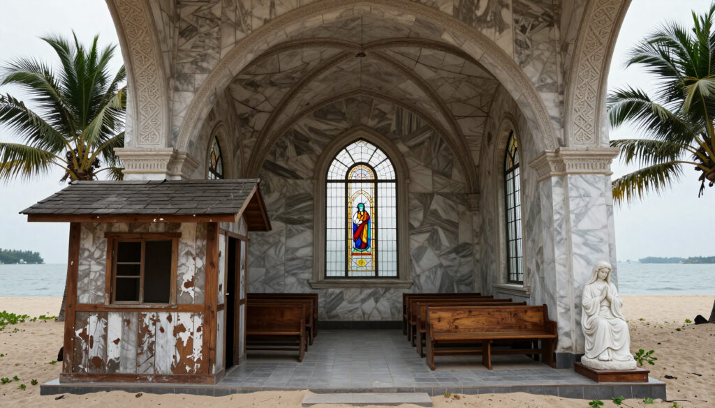 Beachside Chapel with Stained Glass and Wooden Pews