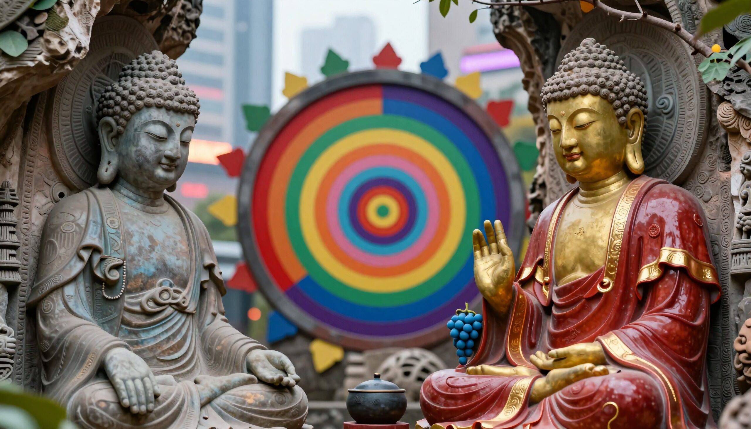 Vibrant Buddha Statues with Mandala