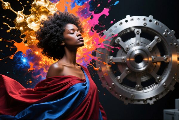 A woman stands before a large gear, enveloped in vibrant art splashes.