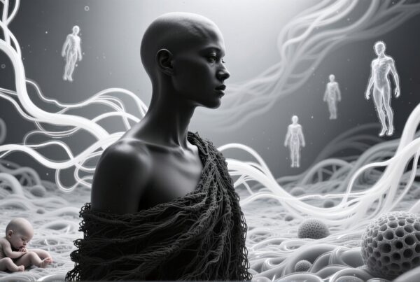Surreal scene of bald figure surrounded by floating tendrils and translucent figures in a dreamlike, monochrome setting.