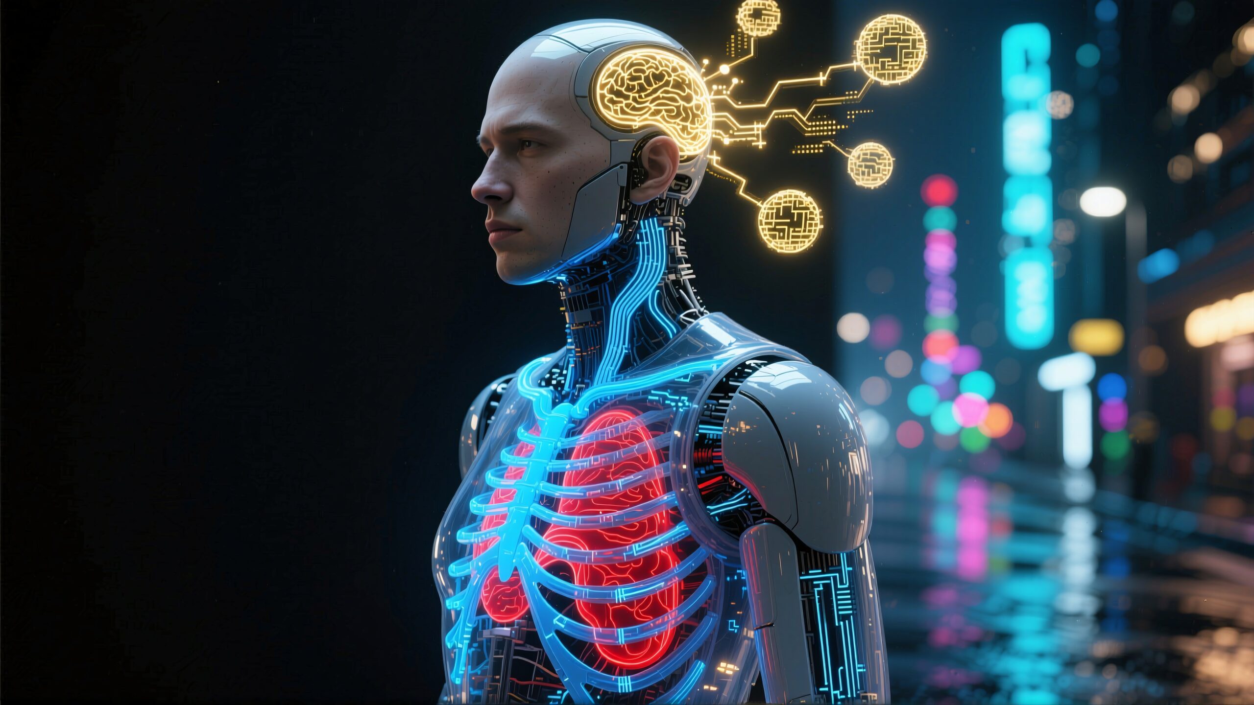 Futuristic Cyborg in Neon City