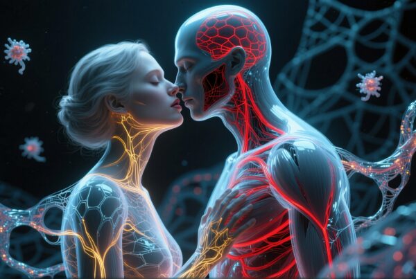 Futuristic depiction of human intimacy with anatomical elements.