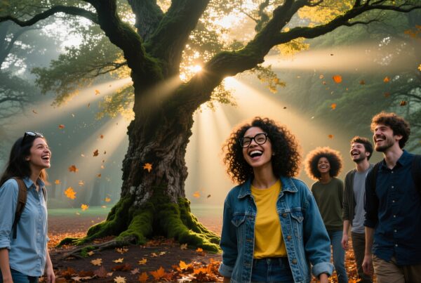 A joyful group of friends walks through a sunlit autumn forest, surrounded by falling leaves and natural beauty.