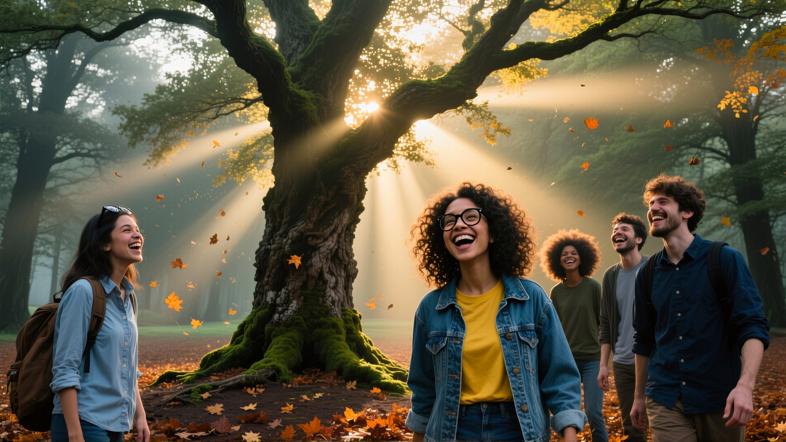 Joyful Friends in Sunlit Forest
