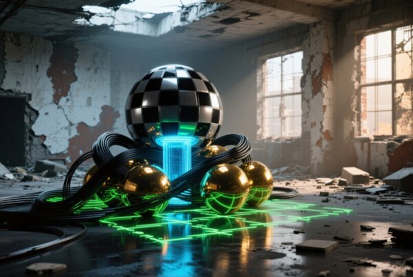 A checkered sphere with golden orbs and cables in a futuristic abandoned room.