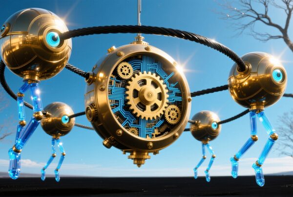 A futuristic golden robot with complex gears and blue appendages hovers in a barren landscape, emphasizing advanced technology against a clear blue sky.