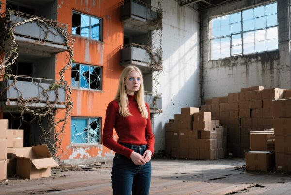 Young woman in abandoned warehouse setting.