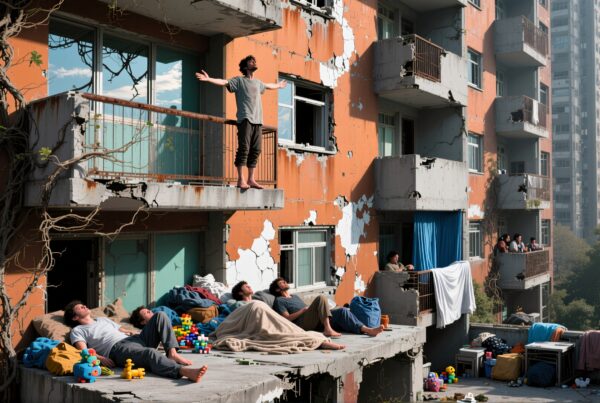 A group of people on deteriorating balconies with urban scenery.